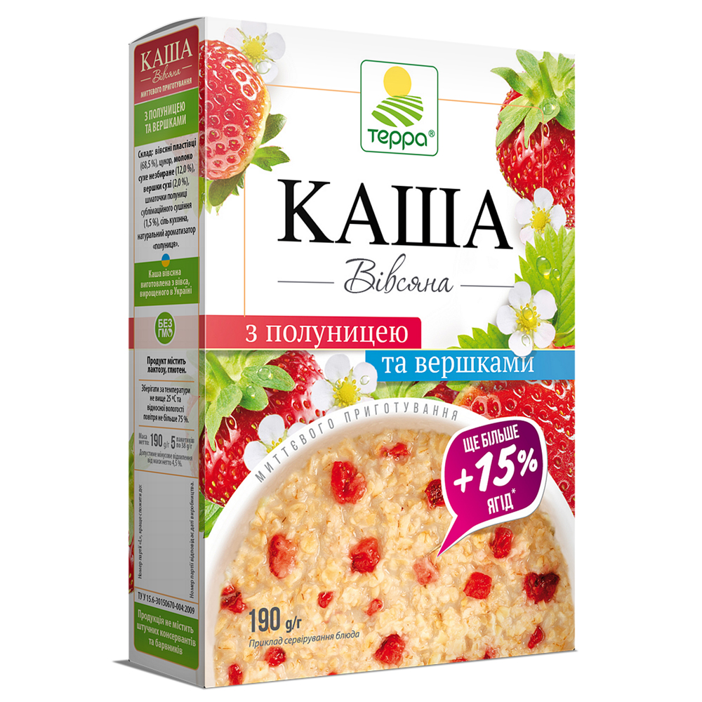 Каша овсяная со сливками и клубникой мгновенного приготовления, 190 г (5 пакетиков по 38 г)