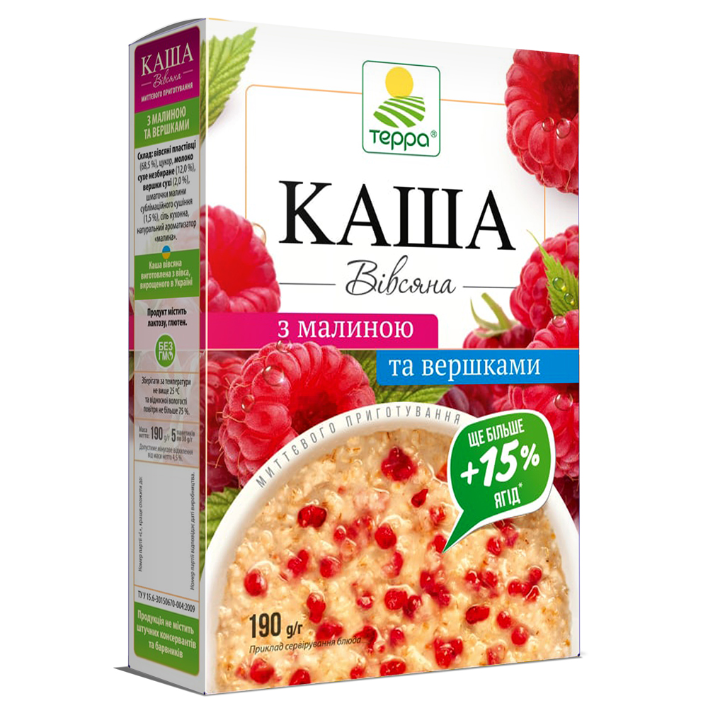 Каша вівсяна з вершками та малиною миттєвого приготування,190 г (5 пакетиків по 38 г)